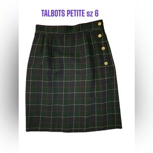 Talbots Petite sz 4 Wool Blue Green Plaid Midi Pencil Skirt EUC Gold Buttons